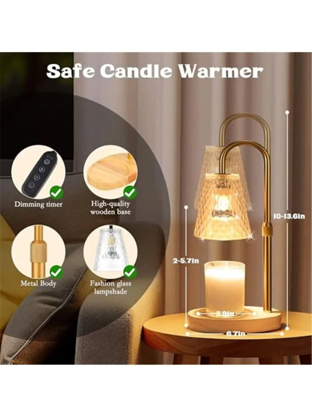 Candle Warmer Lamp Gold Adjustable Height Timer Jar Candle Wax Melter Home Decor